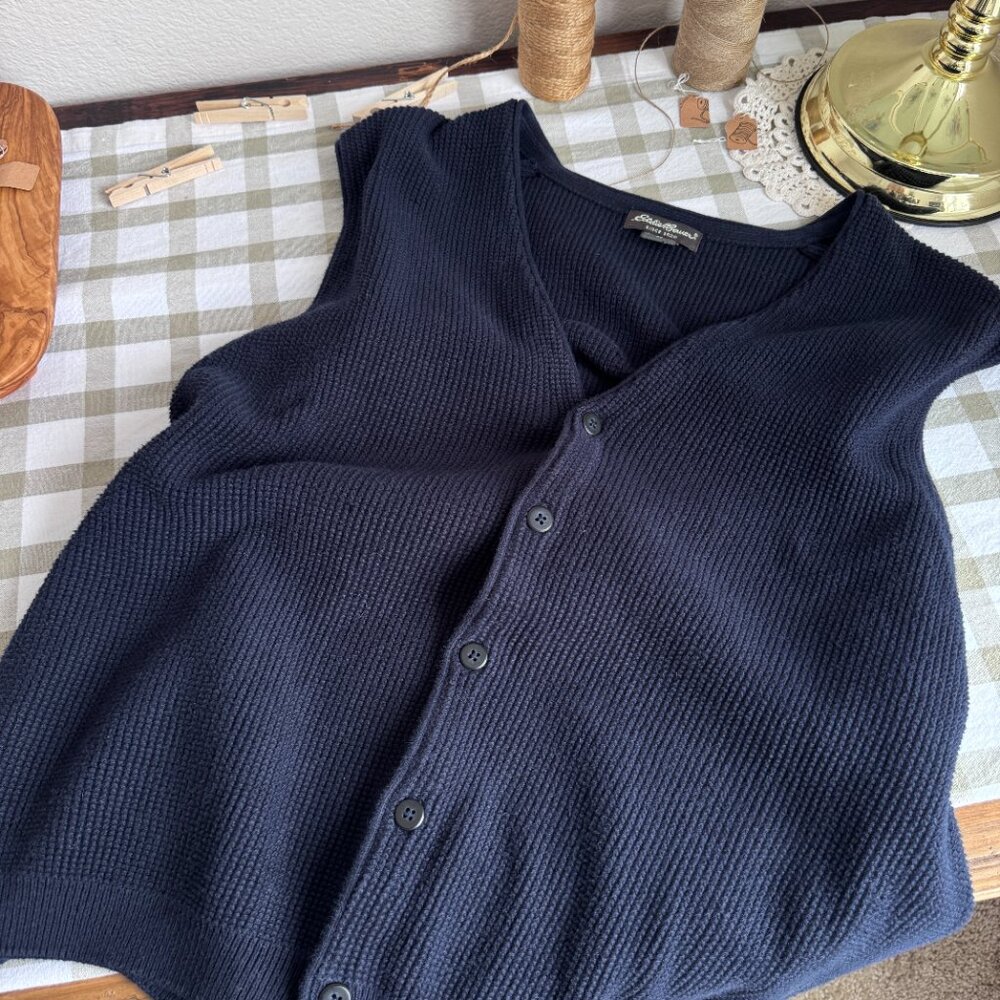 Vintage Eddie Bauer Navy Blue Textured Waffle Knit Sweater Vest - XL - Picture 3 of 3
